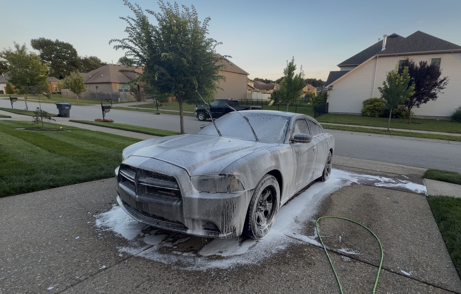 Dodge Charger covered in snow foam